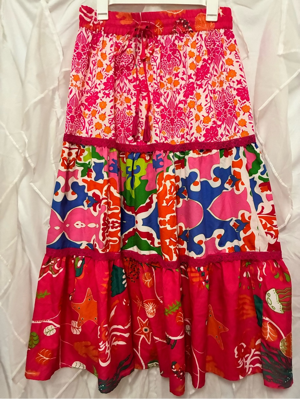 Bright Pink Multi‑Print Tiered Maxi Skirt